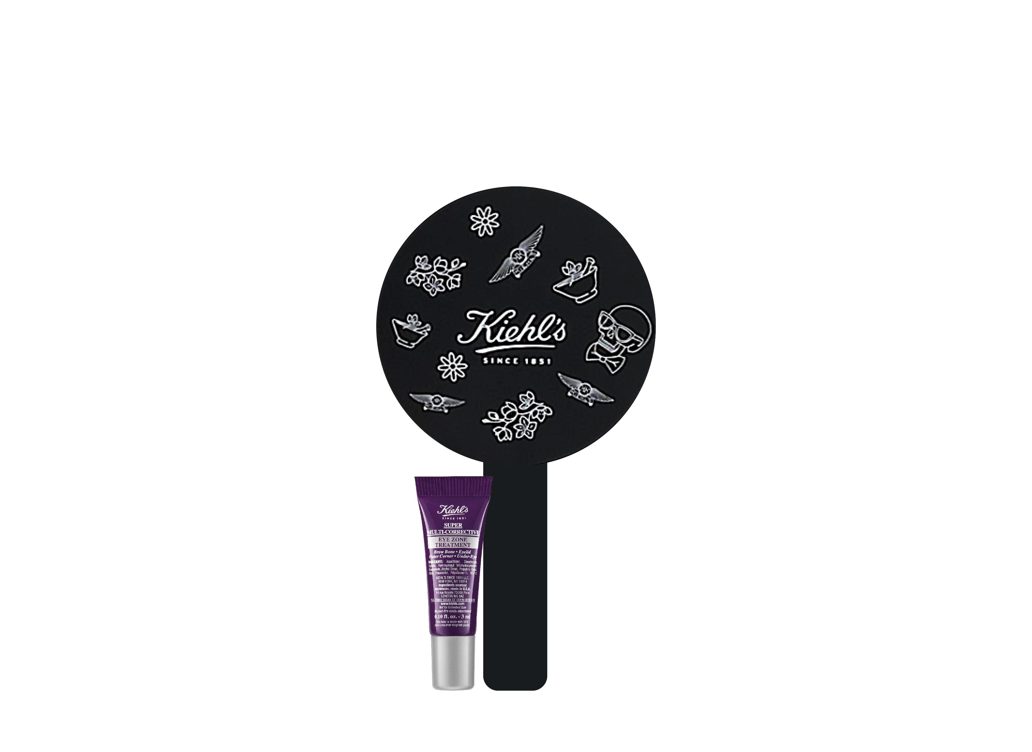 凡於 Kiehl’s任何專門店或官方網店購買任何正價產品，即可獲極緻煥活全效眼霜旅行試用裝（3ml），及Kiehl's 黑色手拿鏡乙個。